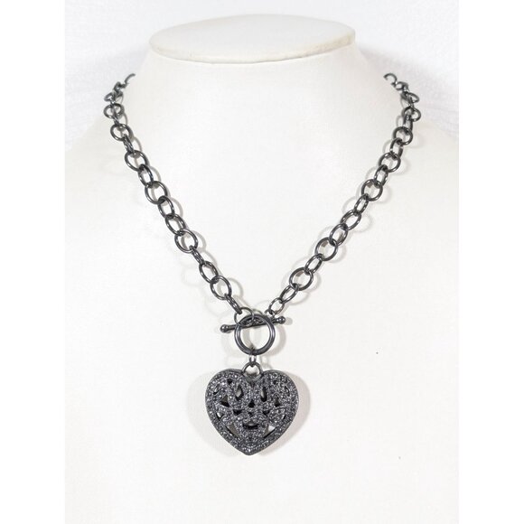 Retro Puffy Heart Open Metal Work Toggle Necklace Gray Metallic 18" - Picture 2 of 8